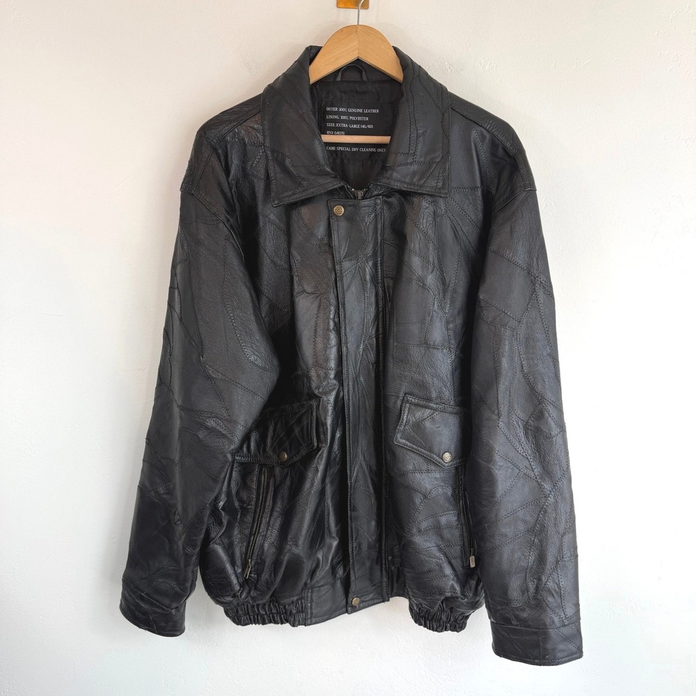 Vintage Genuine Leather Patchwork Bomber Jacket‎ Black Oversized XL 90s Grunge